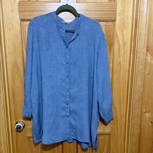 Eileen Fisher Blue Button-Up Pheasant Style 100% Linen Tunic Top, Size XL